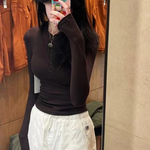 F032908气质美式亨利领T恤打底衫瑜伽运动修身正肩长袖上衣 商品图6