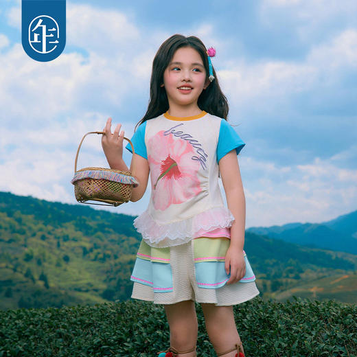 年衣童装儿童短袖T恤女童夏季新款正肩撞色民族女孩收腰圆领上衣 商品图3