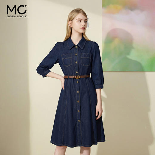 mc2牛仔连衣裙女秋2023年春装新款气质显瘦八分袖a字翻领牛仔裙 商品图1