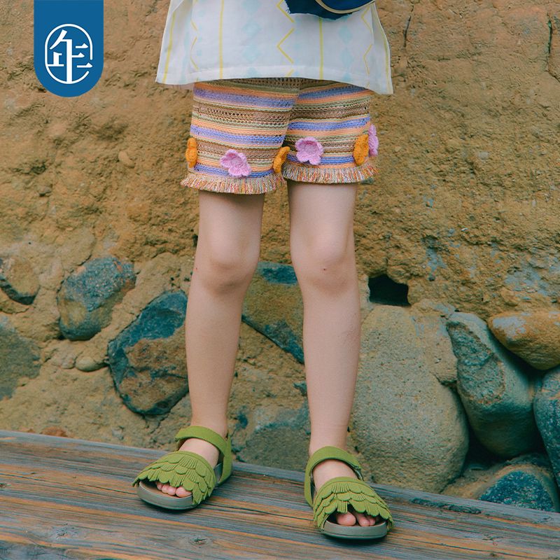 年衣童装儿童针织短裤女童夏季新款民族风中大童下装高腰毛织裤子