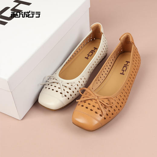 和诚行2026夏季新款时尚百搭真皮软底镂空蝴蝶结浅口休闲鞋2020037 商品图3