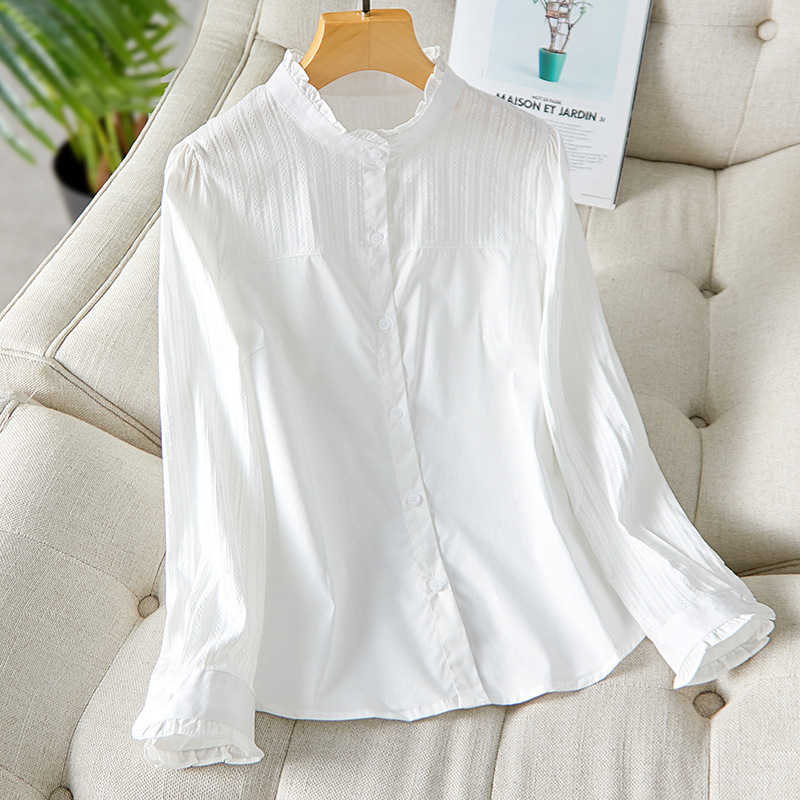 丁摩 木耳领白衬衫春装设计感别致上衣精梳棉打底衬衣6ZF-2237