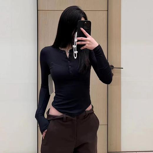 F032908气质美式亨利领T恤打底衫瑜伽运动修身正肩长袖上衣 商品图2