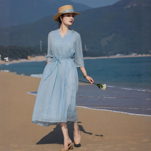 刺绣苎麻连衣裙，清凉轻薄文艺风长裙海边出片HS25864-1 商品图0