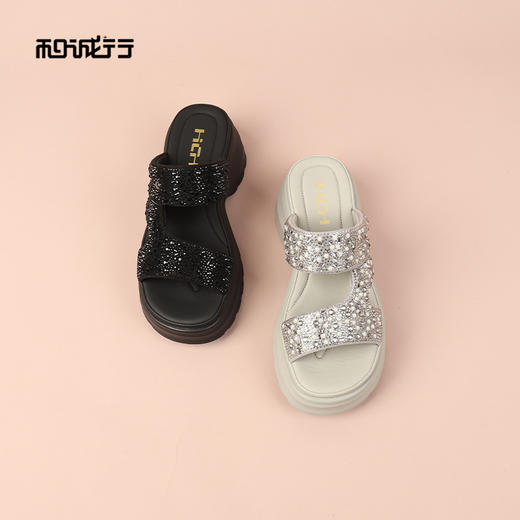 和诚行2026夏季新款时尚百搭厚底增高轻便舒适烫钻女式拖鞋2120022 商品图3