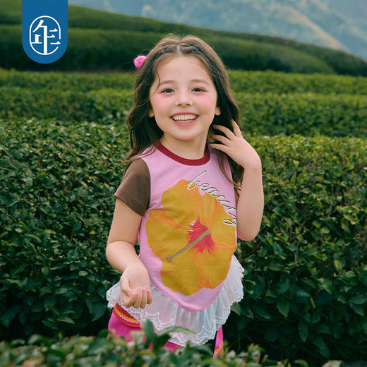 年衣童装儿童短袖T恤女童夏季新款正肩撞色民族女孩收腰圆领上衣 商品图0