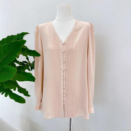 丁摩 真丝衬衫女春夏新款V领长袖双绉100%桑蚕丝衬衣6ZF-ML238 商品图3
