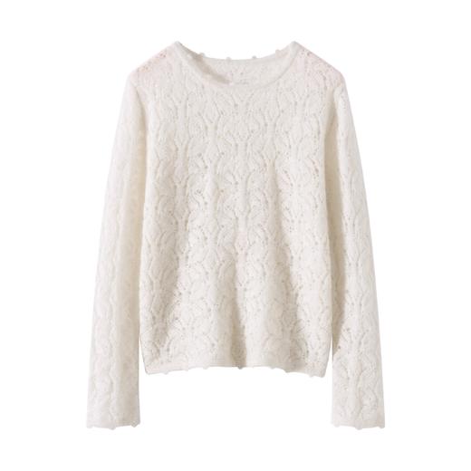 E家同款！~ 镂空翻花羊绒开衫圆领花边装饰亮片纱针织衫 商品图1