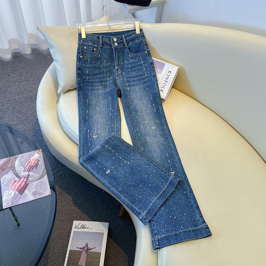 丁摩 设计感重工烫钻微喇牛仔裤女春新款高腰修身弹力喇叭裤 6ZF-9809 商品图1