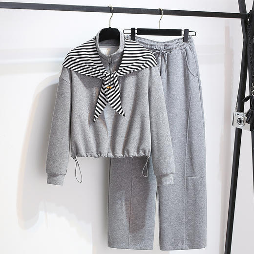 丁摩 灰色披肩立领卫衣弯刀阔腿裤女春装韩版慵懒风宽松两件套套装6ZF-A007 商品图0