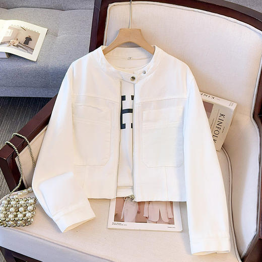 丁摩 超火小香风奶黄色圆领牛仔外套女短款春装新款减龄夹克6ZF-2537 商品图1