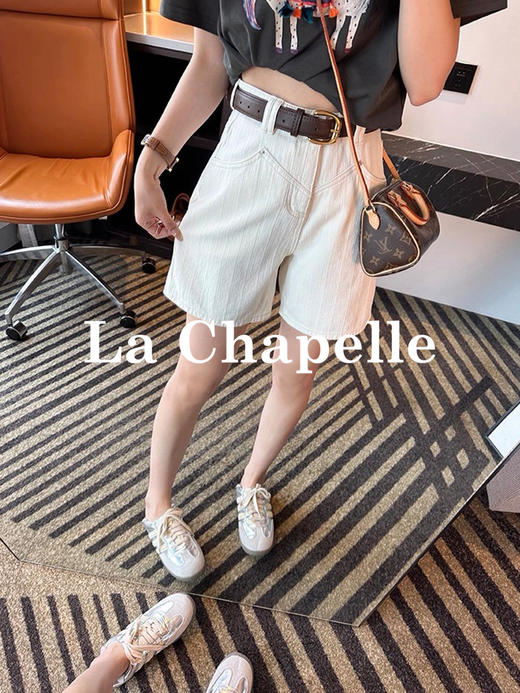 专柜实拍【版型巨正~】拉夏贝尔/La Chapelle棉质舒适好穿高腰单扣多裤袢口袋纯色百搭显瘦牛仔短裤 商品图3