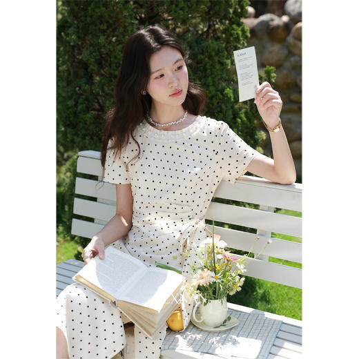 鹿向南「春野杏时」法式杏色波点连衣裙夏季新款气质修身短袖裙子 商品图4