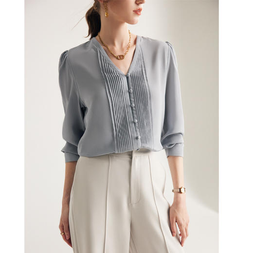 丁摩 真丝衬衫女春夏新款V领长袖双绉100%桑蚕丝衬衣6ZF-ML238 商品图1