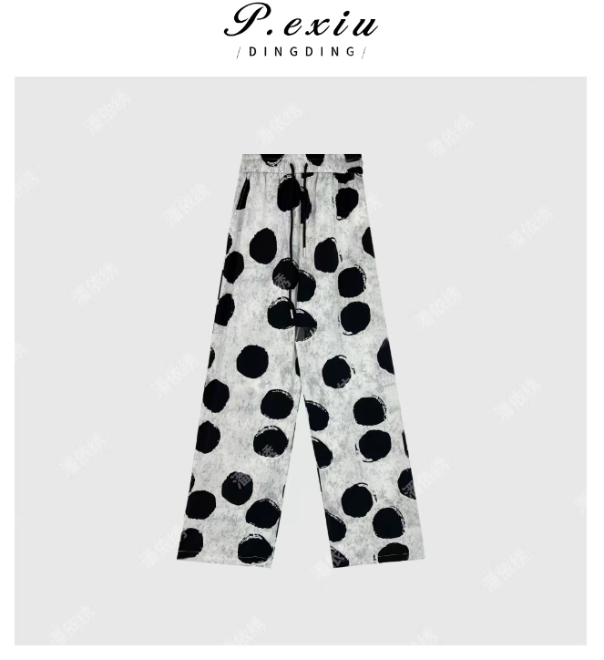 03-5潘依绣丁丁宠粉复古炒色晕染波点时髦休闲长裤 Q6077
