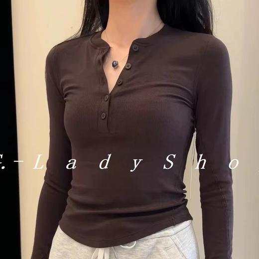 F032908气质美式亨利领T恤打底衫瑜伽运动修身正肩长袖上衣 商品图4