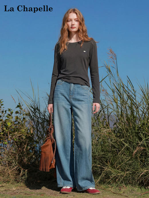 天猫同步【绵羊毛+莱赛尔】拉夏贝尔/La Chapelle舒适好穿圆领字母标下摆弧形显瘦长袖T恤 商品图3