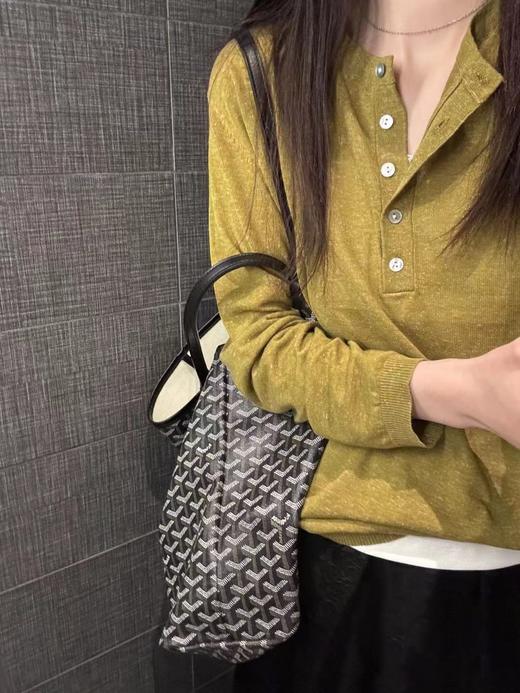 F032954显白老钱姜黄色春夏新款老钱风天爽亚麻排扣长袖针织衫 商品图1
