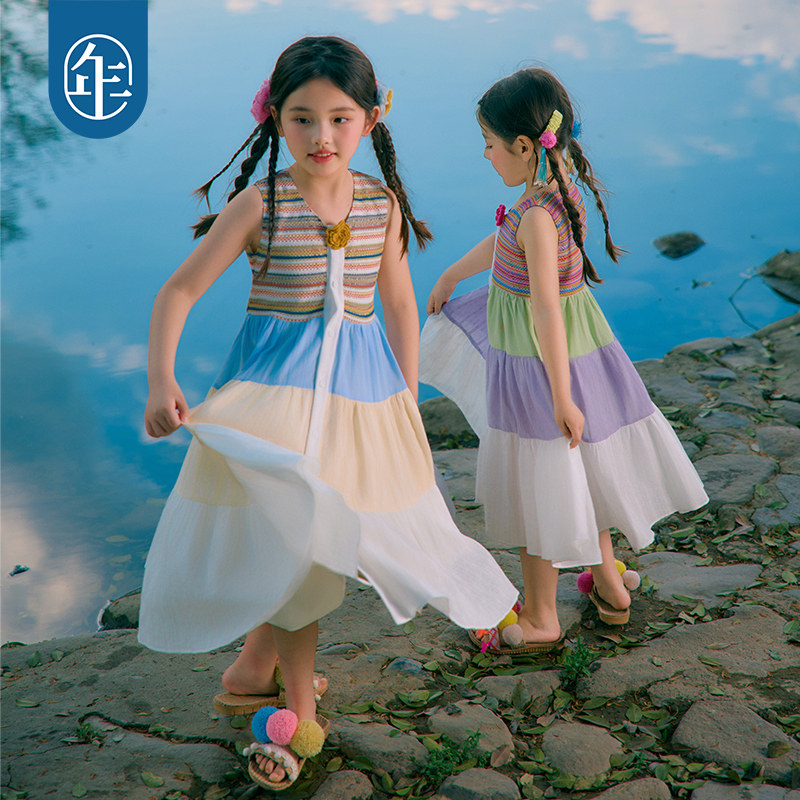 年衣童装儿童无袖连衣裙女童夏季新款民族背心裙A字拼接长裙裙子
