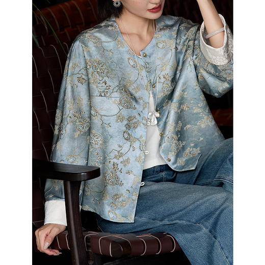 丁摩 38姆米重工桑蚕丝真丝外套女春新中式复古国风提花长袖上衣开衫6ZF-W5205 商品图0