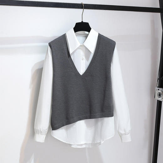 丁摩 长袖衬衫收腰加针织马甲背心两件套女早春慵懒风上衣6ZF-5517 商品图2