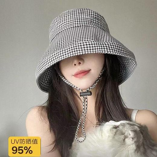 千鸟格渔夫帽 女夏季大檐防紫外线户外遮阳防晒时尚百搭太阳帽盆帽 商品图0