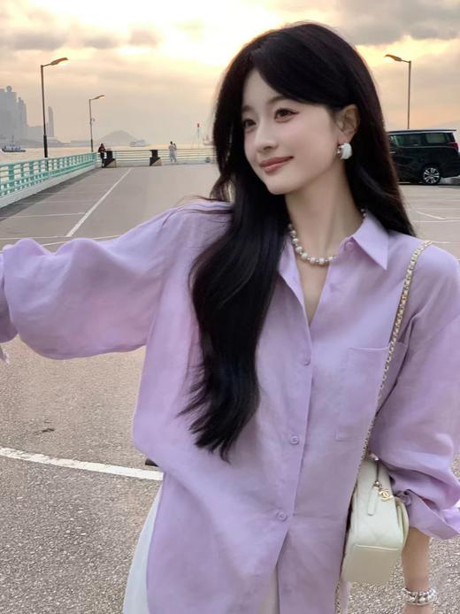 F032957春夏百搭柔雾紫亚麻松弛感微褶皱珠光纽扣衬衫 商品图0