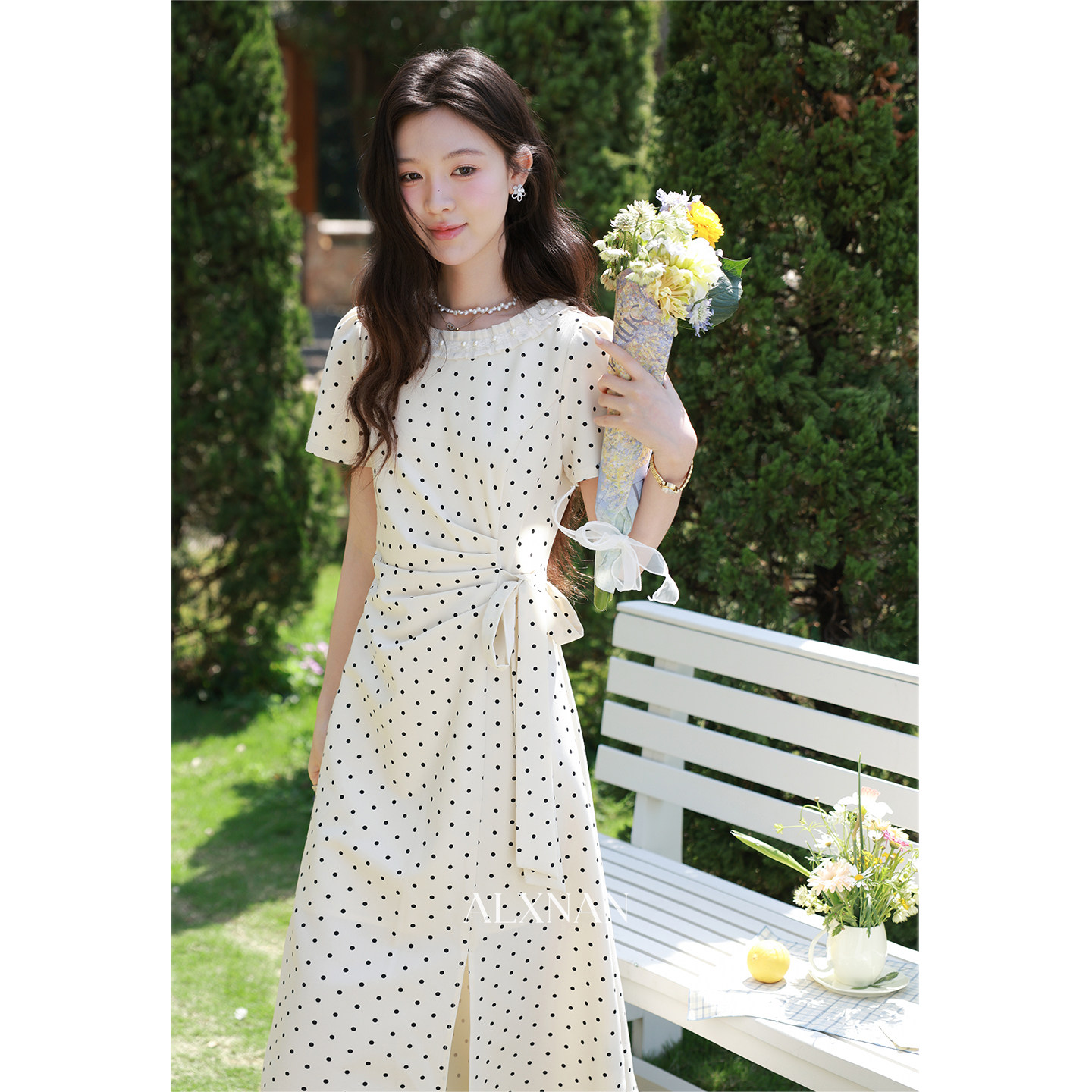 鹿向南「春野杏时」法式杏色波点连衣裙夏季新款气质修身短袖裙子