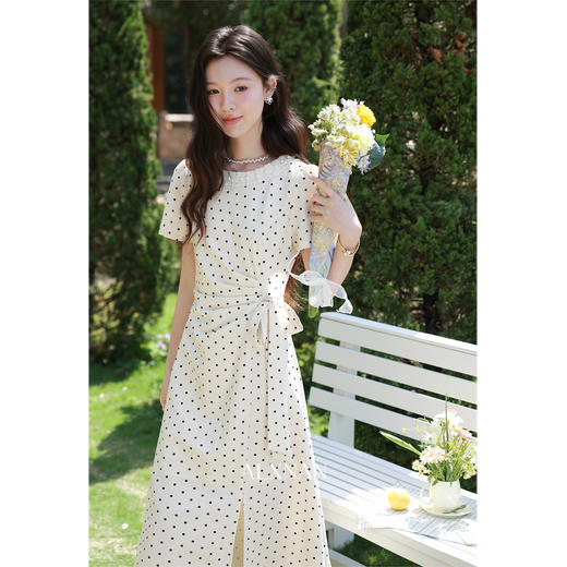 鹿向南「春野杏时」法式杏色波点连衣裙夏季新款气质修身短袖裙子 商品图0