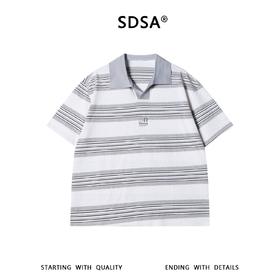 SDSA男装2026新款轻奢老钱风撞色条纹翻领短袖T恤刺绣字母百搭