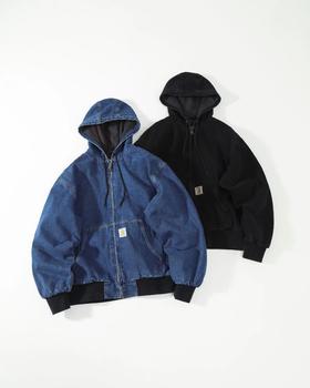 F032962美式工装风水洗做旧牛仔工装连帽夹克外套男女同款