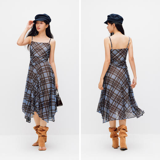 森马连衣裙女夏格纹褶皱2026新款复古设计感小众小性感辣妹吊带裙 商品图4