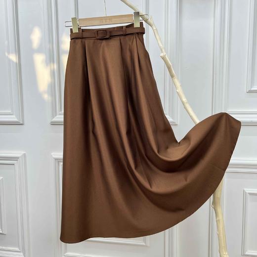 赫本佳人~高级感法式缎面丝羊毛大摆半身裙女显瘦腰带A字裙 商品图4