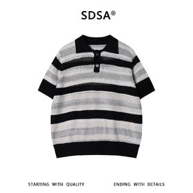 SDSA男装2026新款高贵轻奢简约撞色条纹镂空针织翻领短袖T恤百搭