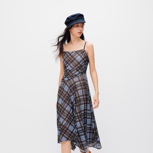 森马连衣裙女夏格纹褶皱2026新款复古设计感小众小性感辣妹吊带裙 商品图2