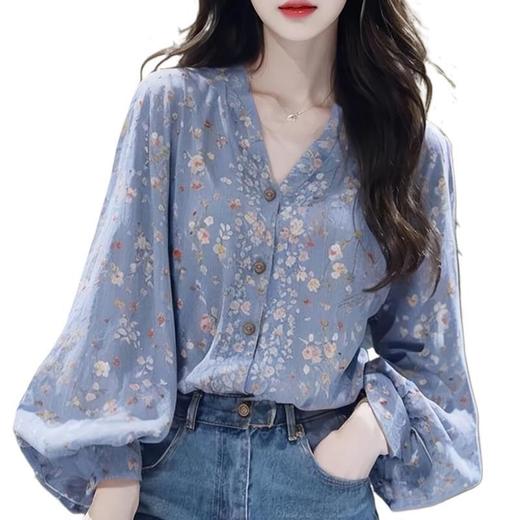 丁摩 春秋法式绝美独特淑女气质森系蓝色碎花长袖衬衫上衣女慵懒风6ZF-9279 商品图4