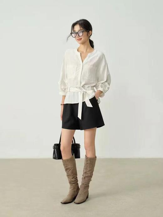 F032955夏季法式收腰新品亚麻显瘦中袖V领系带衬衫 商品图8