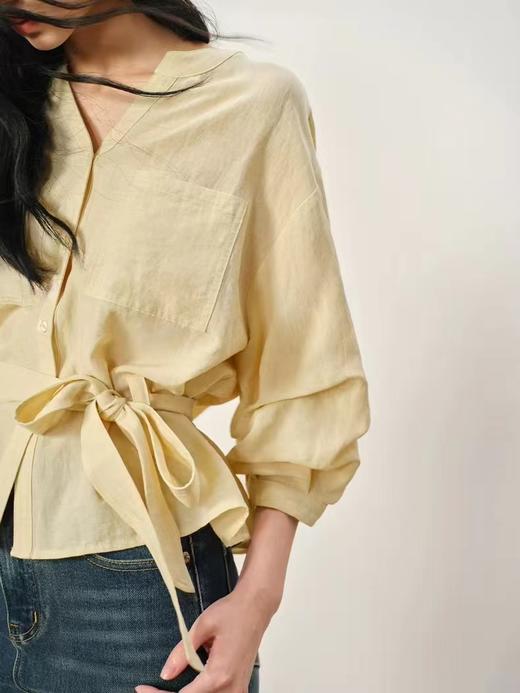 F032955夏季法式收腰新品亚麻显瘦中袖V领系带衬衫 商品图6