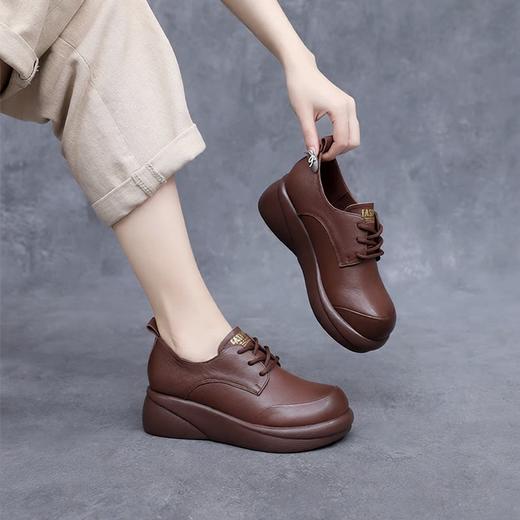 丁摩 春秋真皮休闲系带女鞋头层牛皮厚底坡跟中跟单鞋舒适软底大码鞋6ZF-96823 商品图2