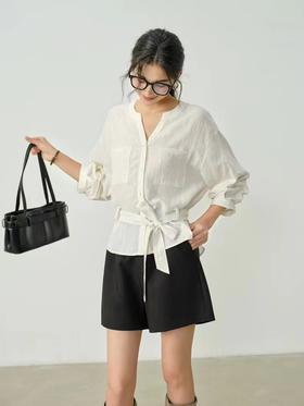 F032955夏季法式收腰新品亚麻显瘦中袖V领系带衬衫