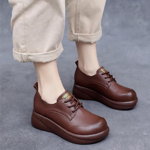 丁摩 春秋真皮休闲系带女鞋头层牛皮厚底坡跟中跟单鞋舒适软底大码鞋6ZF-96823 商品图0