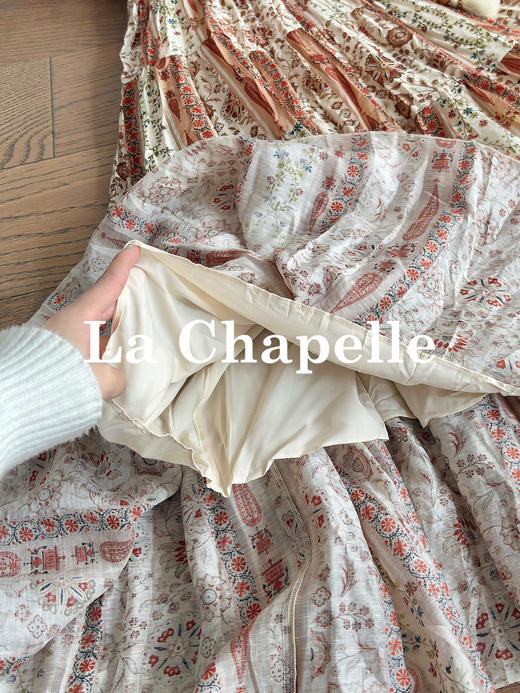 专柜实拍【波西米亚风！】拉夏贝尔/La Chapelle天丝+亚麻！法式碎花吊带连衣裙压褶可调节肩带收腰A字裙含流苏腰带 商品图14