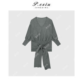 03-5潘依绣丁丁宠粉法式系腰绑带V领针织长袖Q13883