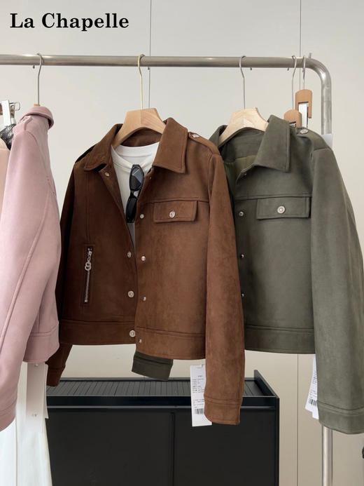 天猫同步【夹克外套】拉夏贝尔/La Chapelle翻领正肩按扣口袋麂皮绒机车风短外套百搭显瘦夹克上衣 商品图3