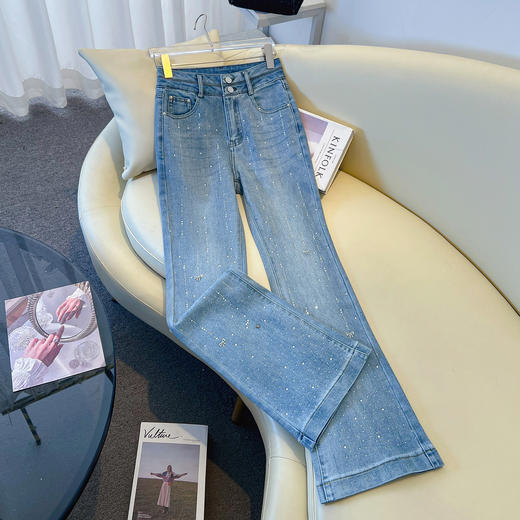丁摩 设计感重工烫钻微喇牛仔裤女春新款高腰修身弹力喇叭裤 6ZF-9809 商品图0