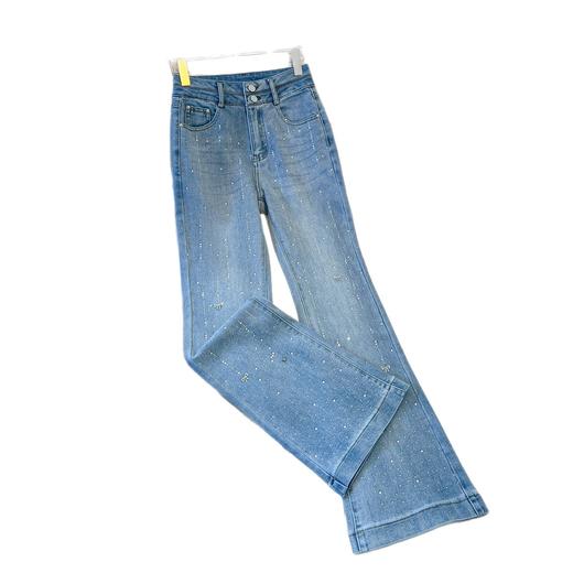 丁摩 设计感重工烫钻微喇牛仔裤女春新款高腰修身弹力喇叭裤 6ZF-9809 商品图4