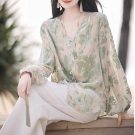 S.Y.C【烟雨江南】春季新款法式v领小众长袖上衣衬衫女