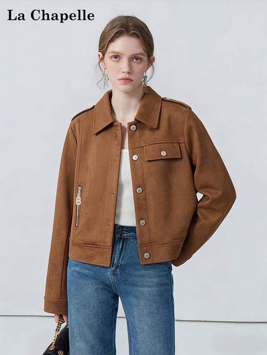 天猫同步【夹克外套】拉夏贝尔/La Chapelle翻领正肩按扣口袋麂皮绒机车风短外套百搭显瘦夹克上衣 商品图0