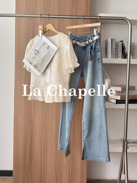 专柜实拍【莱赛尔混纺】拉夏贝尔/La Chapelle附腰带~高性价比！显瘦高腰单扣开叉别致设计感牛仔裤