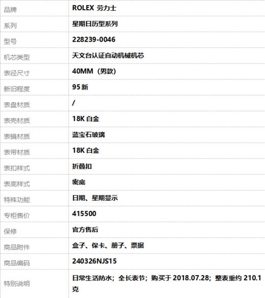 【95新】ROLEX 劳力士228239-0046天文台认证自动机械机芯日期、星期显示40MM（男款）星期日历型系列18K白金240326NJS15 商品图9